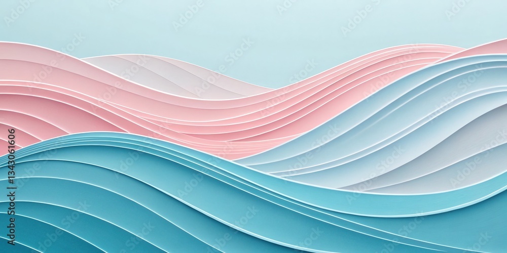 Poster flowing waves of colorful paper art in a minimalist space vibrant design aesthetics abstract composi
