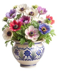 Obraz premium Vibrant bouquet of colorful anemone flowers arranged in a decorative ceramic vase.