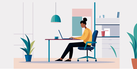 Flat design illustration of a freelancer working from home in a minimalist workspace.