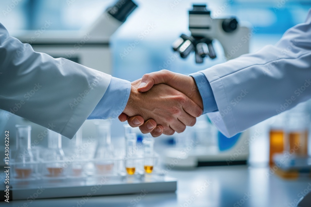 Poster scientists in white coats shaking hands in laboratory setting during collaborative research in bioch