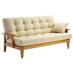Fototapeta premium Stylish cream-colored sofa with wooden accents, perfect for modern living spaces and cozy interiors.