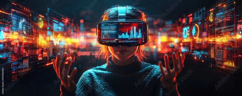 Aufkleber futuristic female using a vr headset in a data-driven virtual environment