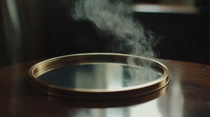 Calm Reflection with Smoke Rising from a Mirror on a Wooden Surface