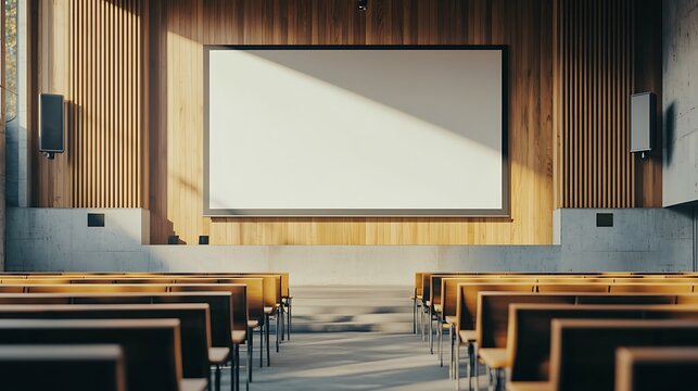 Modern Conference Room with Large Projection Screen and Wooden Panel Decor