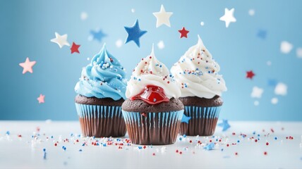 Chocolate cupcakes with surprise filling and patriotic decorations for July 4th Generative AI
