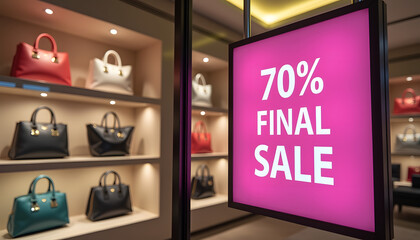 Final sale sign for seventy percent discount on handbags in fashion store display for shopping concept
