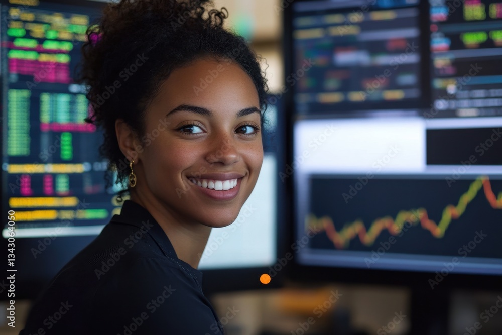 Poster young black woman smiling while working at computer in financial office with stock charts and data a