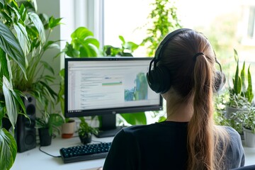 Woman Working From Home  Green Plants  Computer  Headphones