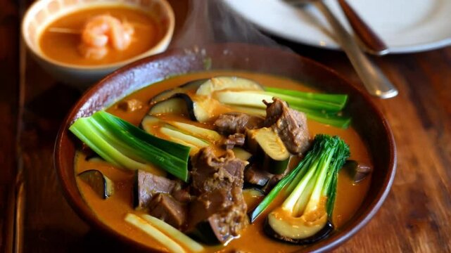 Filipino kare-kare stew with oxtail, eggplant, and bok choy in a rich peanut sauce, served in a rustic bowl with shrimp paste on the side
