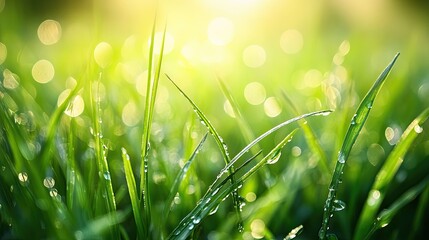 Fototapeta premium Lush Green Grass with Dew Drops in Bright Sunlight and Soft Focus
