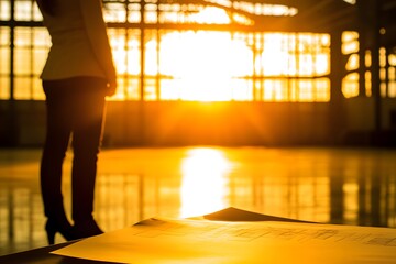 Sunset Silhouette  Architect Reviewing Blueprint in Industrial Building