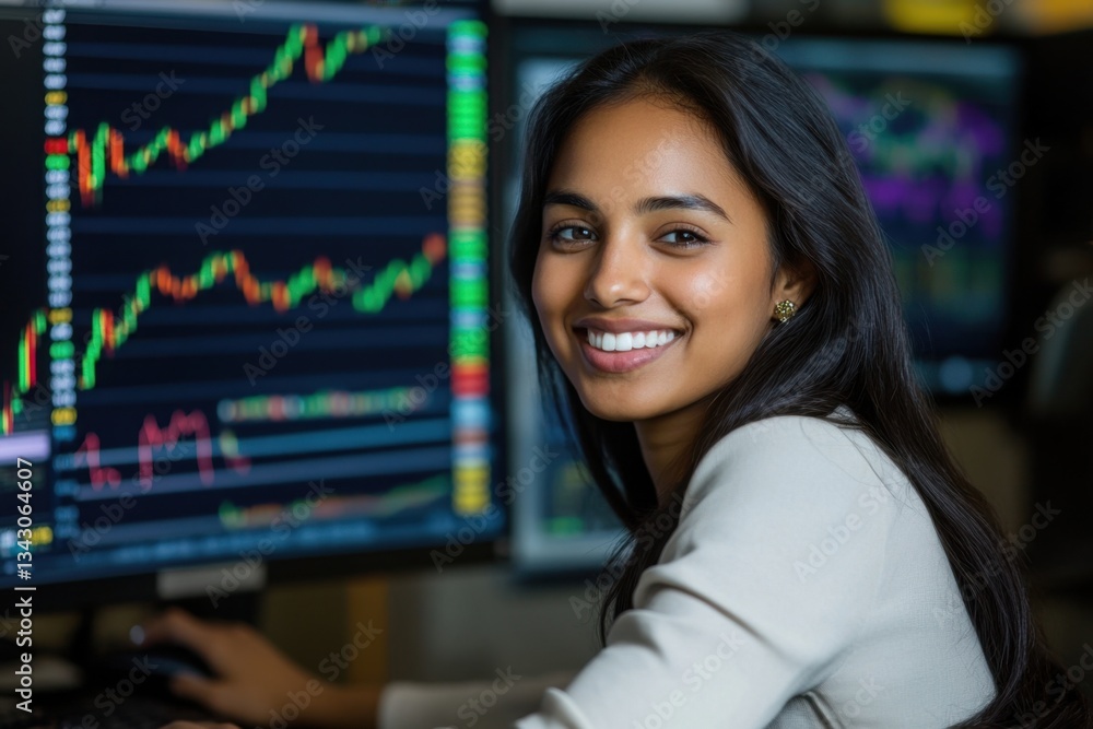 Poster young professional woman smiling while working on computer screens displaying financial charts and s