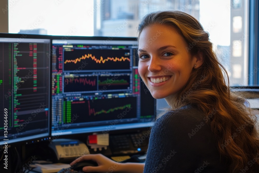 Poster young professional woman smiling while working in a modern office with multiple computer screens dis