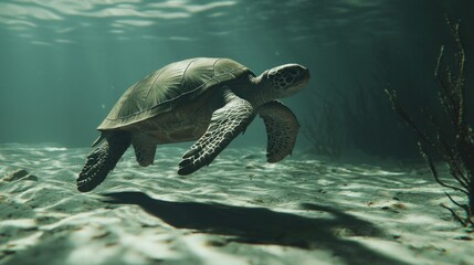 Obraz premium Sea turtle gracefully swimming over sandy ocean floor.