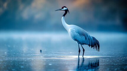 Fototapeta premium A majestic crane standing gracefully in a tranquil blue lake, its long legs partially submerged. Capturing the elegance of nature, this high-resolution photograph highlights detailed feathers