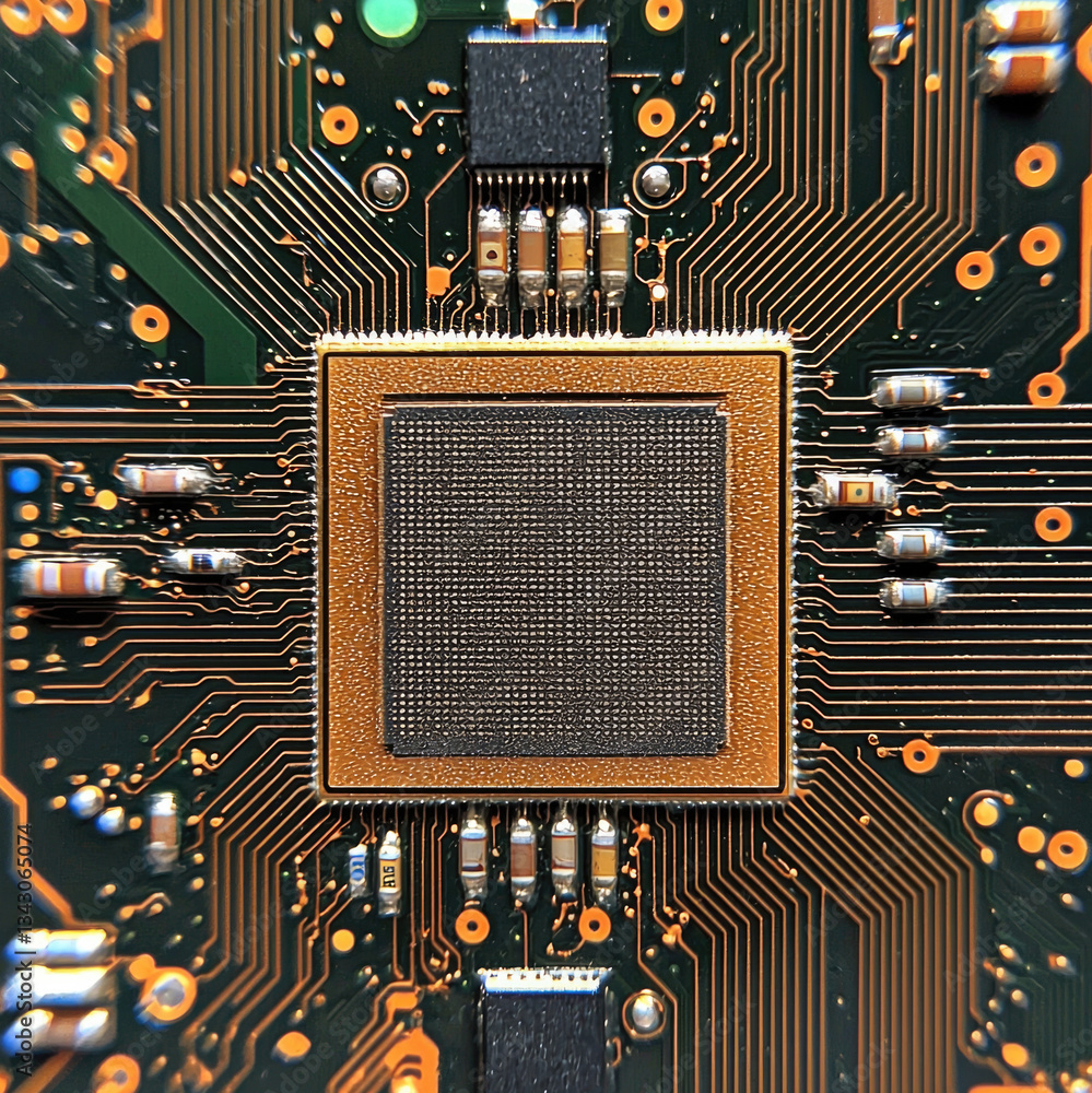 Poster close up view of microchip showcasing intricate circuitry and connections, highlighting complexity and precision of modern technology. image evokes sense of innovation and advancement electronics