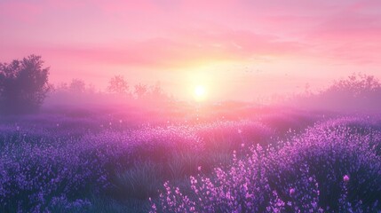 Misty sunrise over lavender field.