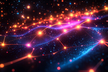 Obraz premium Abstract Quantum Network: Glowing Neon Nodes Interconnected in Digital Space, Pulsating with Vibrant Colors Against a Deep Black Void, Symbolizing Advanced Technology and Connectivity