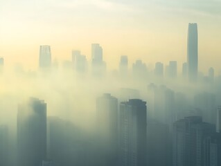 Fototapeta premium City Skyline Veiled in Morning Fog Under Soft Diffused Lighting