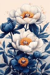 Elegant hand-drawn peonies featuring blue and white petals with orange centers