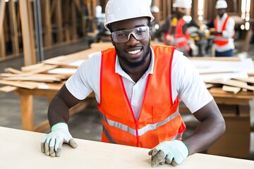 Happy Construction Worker Inspecting Wood