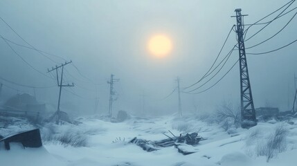 Desolate winter landscape, post-apocalyptic, foggy, and bleak