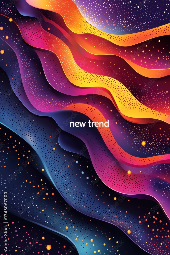 Poster abstract colorful fluid waves with glowing dotted patterns