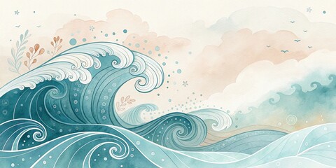 Dynamic ocean waves coastal landscape illustrative art serene atmosphere aerial perspective nature's beauty