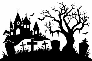 scary cemetery line art silhouette vector illustration