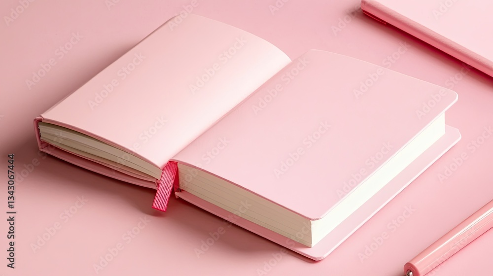 Poster pink open notebook on a soft pink background for design inspiration