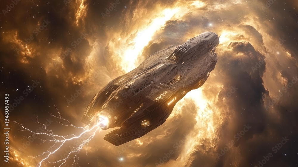 Poster spaceship navigating through a vibrant cosmic nebula
