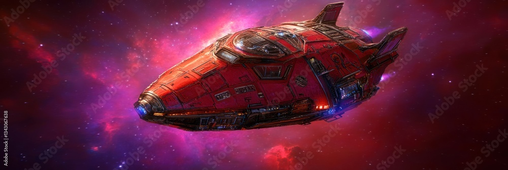 Poster red spaceship in deep space