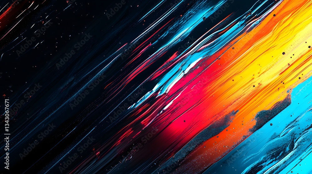 Poster colorful diagonal brushstrokes across a dark textured background are displayed