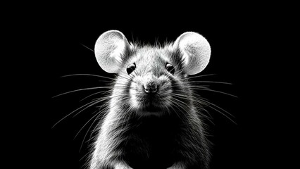  Rat Portrait in Black and White Looking Directly at Camera Against Black Background