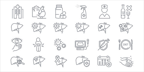 Vector line icon set of hepatitis, liver, cirrhosis, fatty liver, hepatic health, liver cancer, symptoms, medical diagnosis, and treatment for healthcare and education purposes.