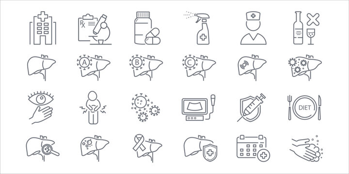Vector line icon set of hepatitis, liver, cirrhosis, fatty liver, hepatic health, liver cancer, symptoms, medical diagnosis, and treatment for healthcare and education purposes.