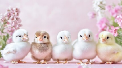 Adorable Chicks Standing in a Row Among Pink Flowers and Soft Light