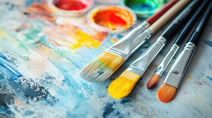 Obraz premium Colorful Artist Brushes and Paints on Abstract Canvas Background