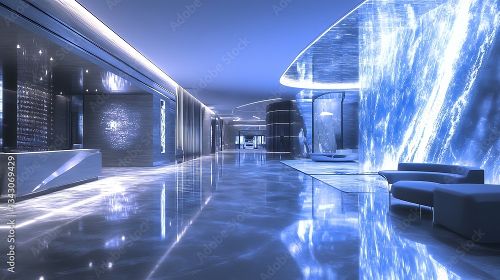 Poster hallway interior with sleek design and illuminated display features