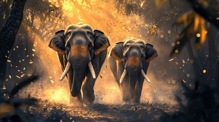 Two majestic elephants walking through a sunlit forest.