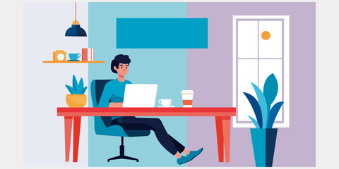 Flat design illustration of a freelancer working from home in a minimalist workspace.