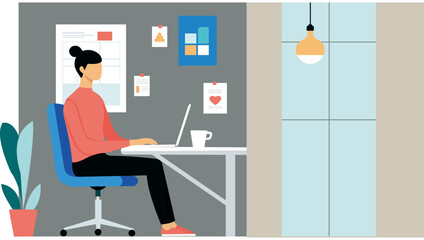 Flat design illustration of a freelancer working from home in a minimalist workspace.