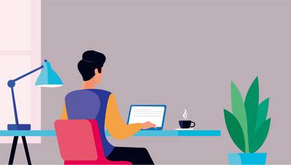 Flat design illustration of a freelancer working from home in a minimalist workspace.