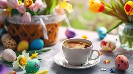 A cup of coffee sits on the table, surrounded by colorful Easter eggs, flowers, and decorations. 