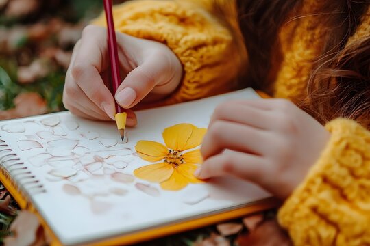 Girl creating pressed flower art  Autumn nature journaling