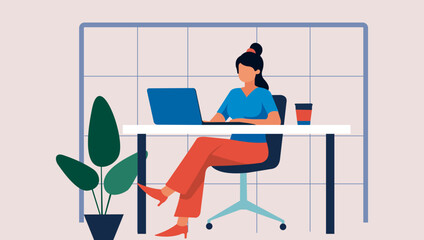 Flat design illustration of a freelancer working from home in a minimalist workspace.