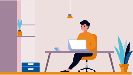 Flat design illustration of a freelancer working from home in a minimalist workspace.