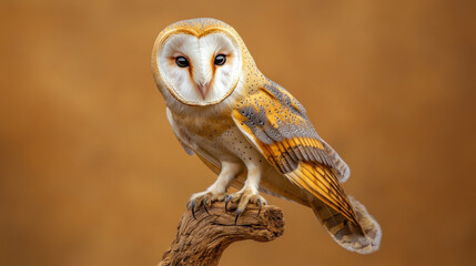 A wise barn owl, perched gracefully, its feathers meticulously detailed