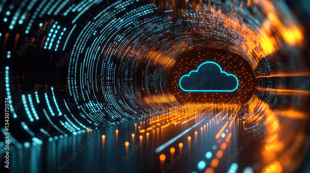 Leinwandbilder vibrant digital tunnel representing cloud technology, featuring glowing lines and stylized cloud ico