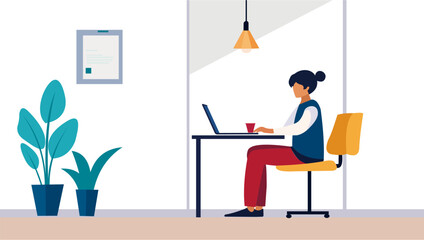 Flat design illustration of a freelancer working from home in a minimalist workspace.